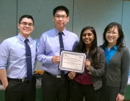 In photo (L to R): Jesse Mendoza, Eric Lin, Damini Bhana, and faculty advisor, Dr. Kawai Tam