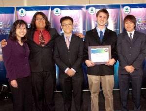 Left photo: Kawai Tam (advisor), Christian Contreras, Joon Bok Lee, Jason Skovgard, and Marcus Chiu with Student Choice Award.